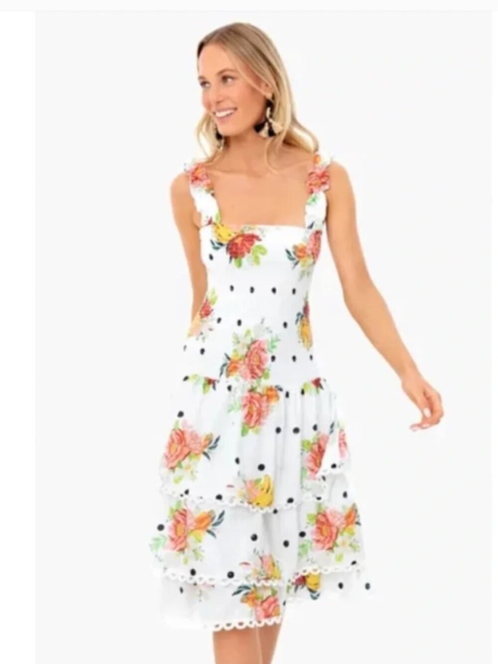 FARM Rio Nanaju Dress Floral Polka Sleeveless Smocked Tiered Midi White Medium